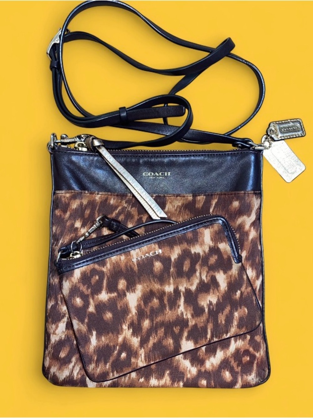Coach 2 Piece Set Madison Crossbody Purse with Zip Pouch Wallet in Ocelot Print